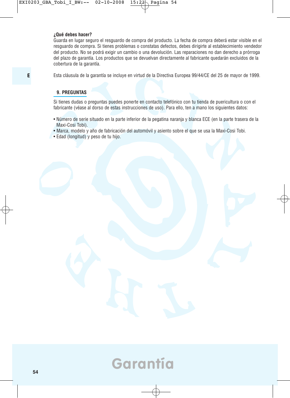 Garantía | Maxi-Cosi TOBI DRU0632 User Manual | Page 50 / 74