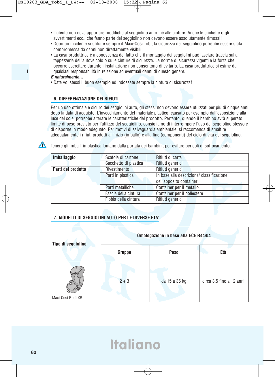 Italiano | Maxi-Cosi TOBI DRU0632 User Manual | Page 58 / 74