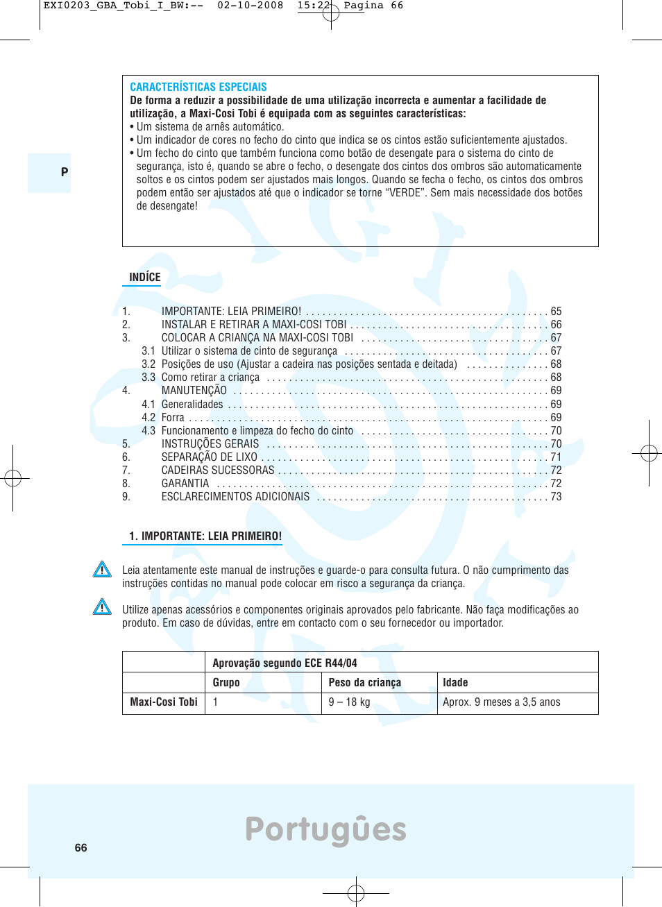 Portugûes | Maxi-Cosi TOBI DRU0632 User Manual | Page 62 / 74