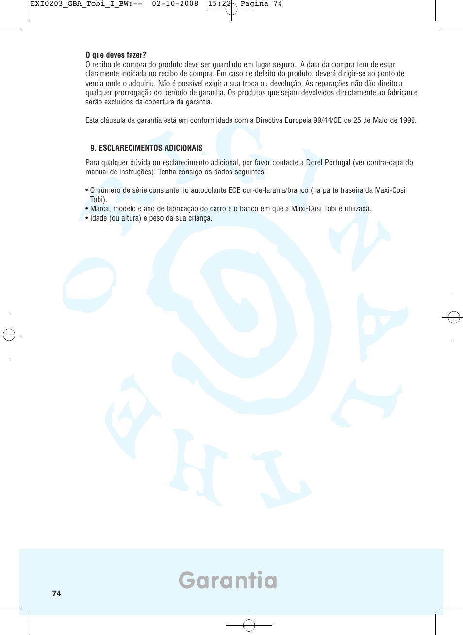 Garantia | Maxi-Cosi TOBI DRU0632 User Manual | Page 70 / 74