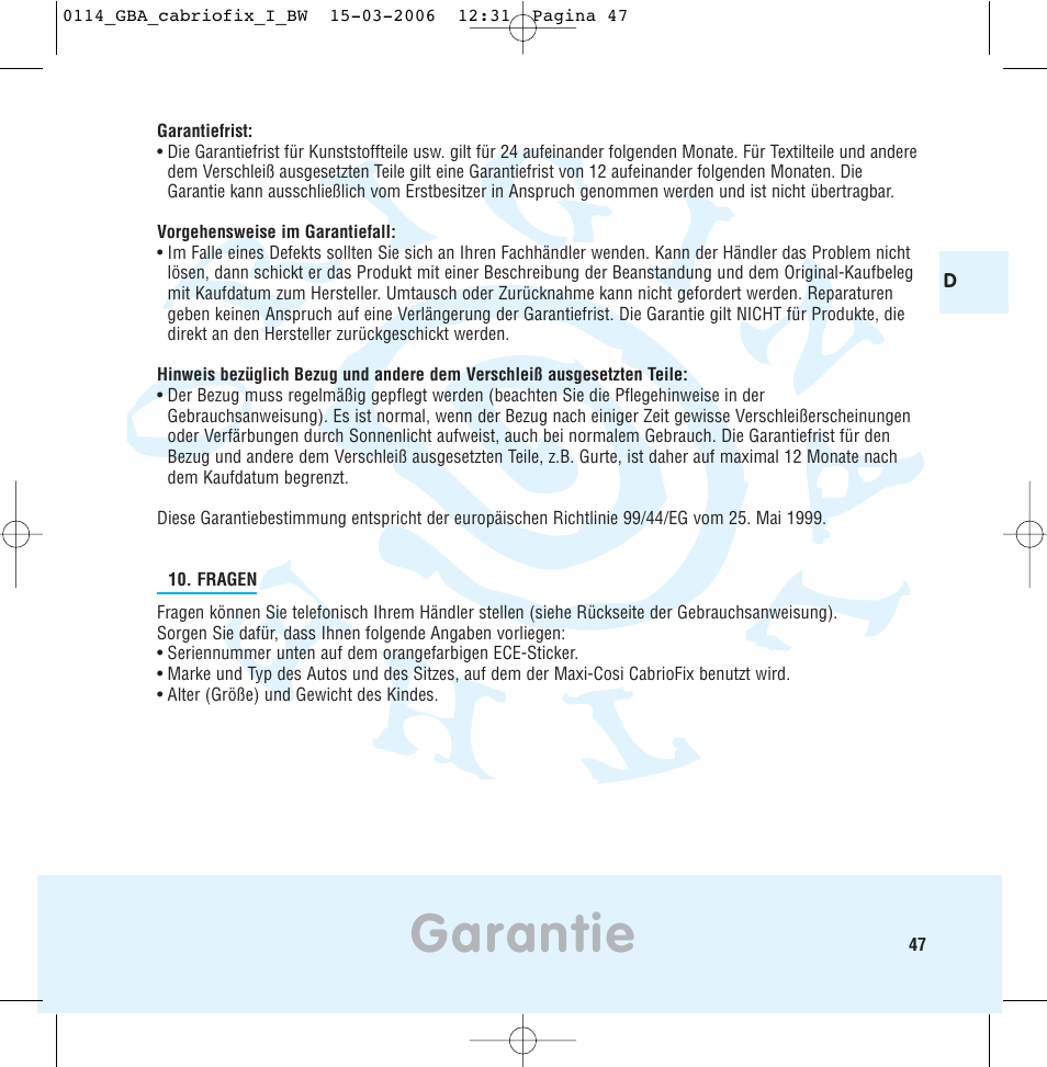 Garantie | Maxi-Cosi THE SAFE WORLD OF I User Manual | Page 43 / 98