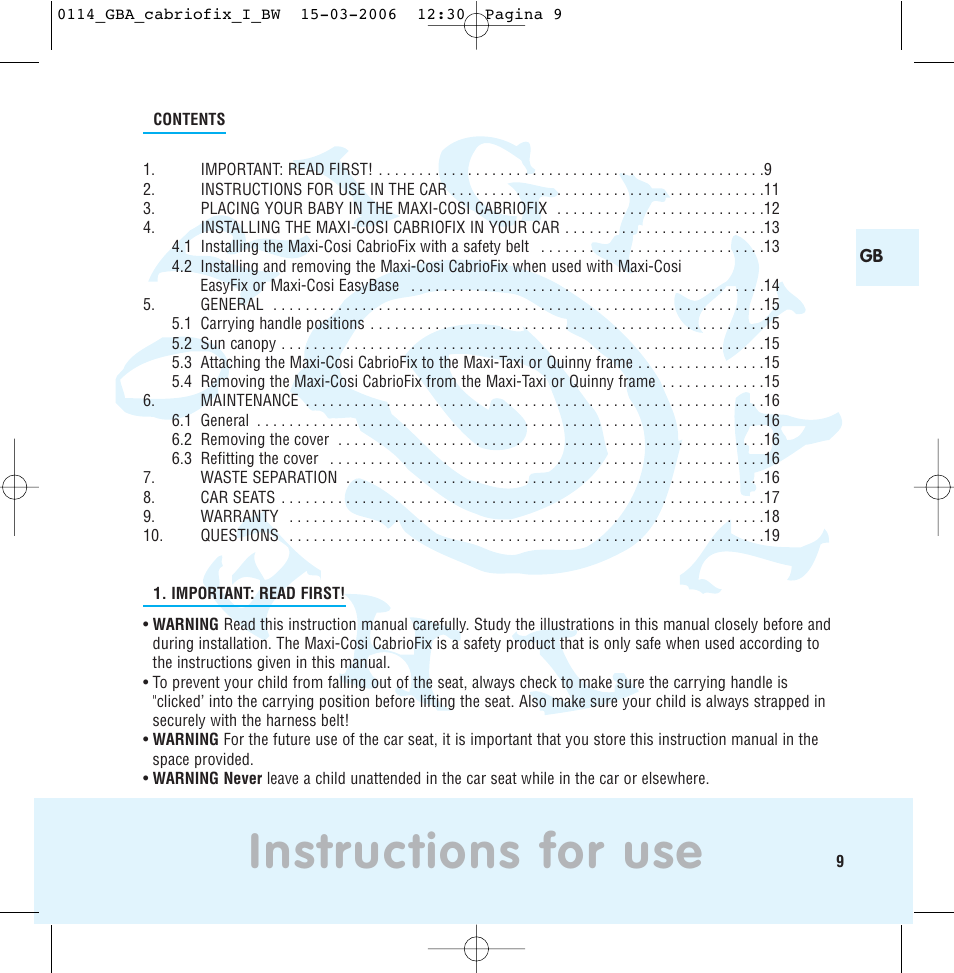 Instructions for use | Maxi-Cosi THE SAFE WORLD OF I User Manual | Page 5 / 98