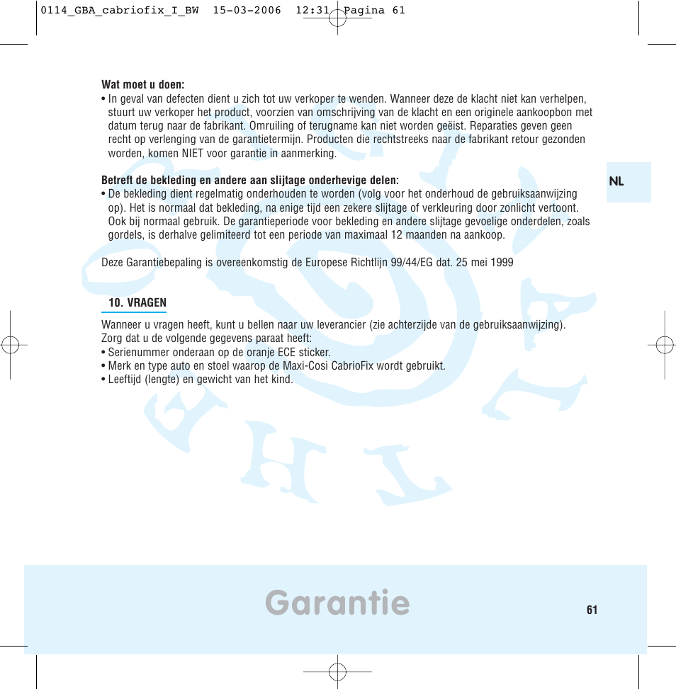 Garantie | Maxi-Cosi THE SAFE WORLD OF I User Manual | Page 57 / 98