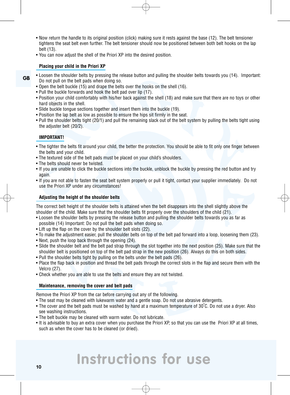 Instructions for use | Maxi-Cosi Priori XP User Manual | Page 10 / 48