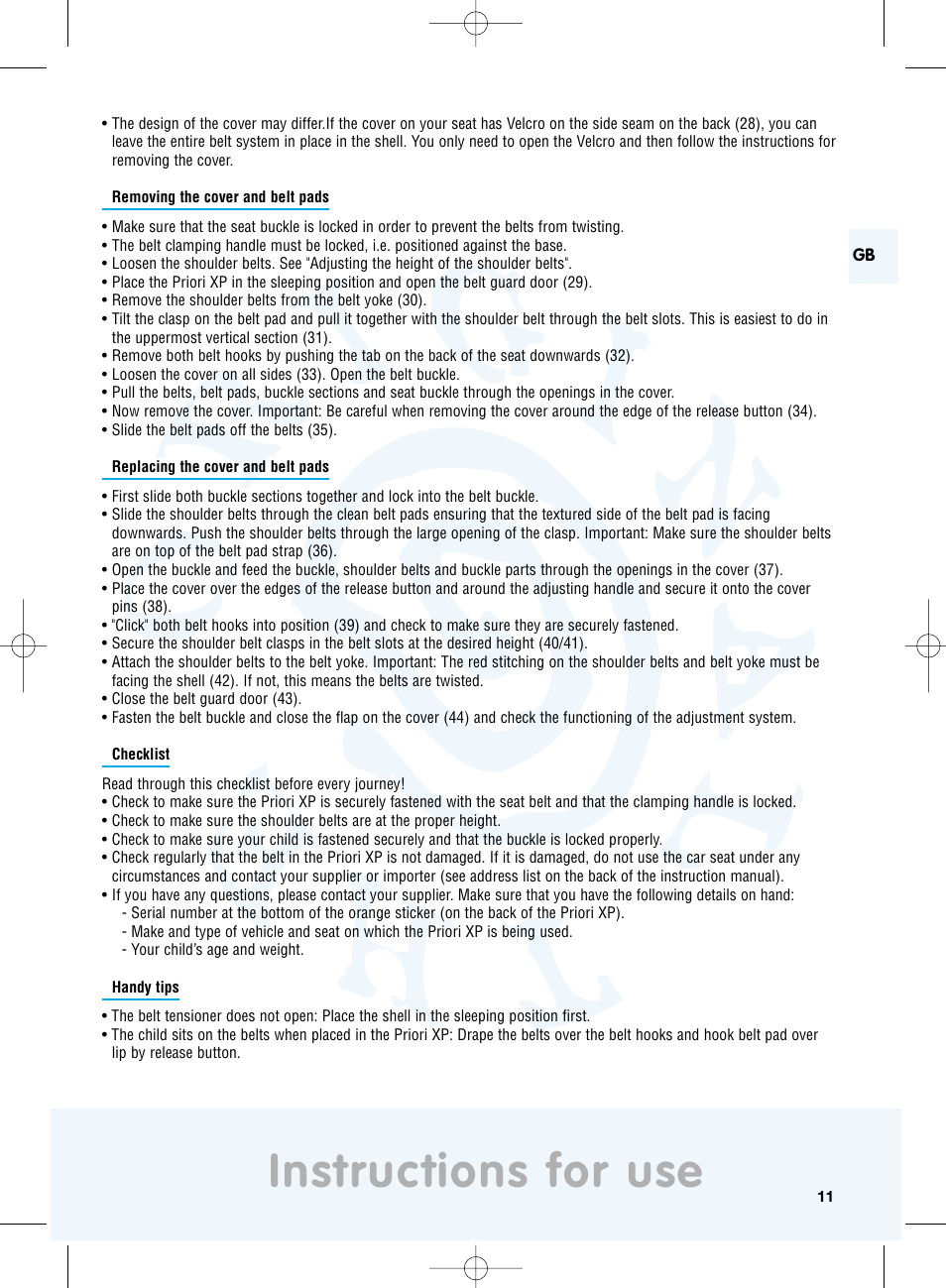 Instructions for use | Maxi-Cosi Priori XP User Manual | Page 11 / 48
