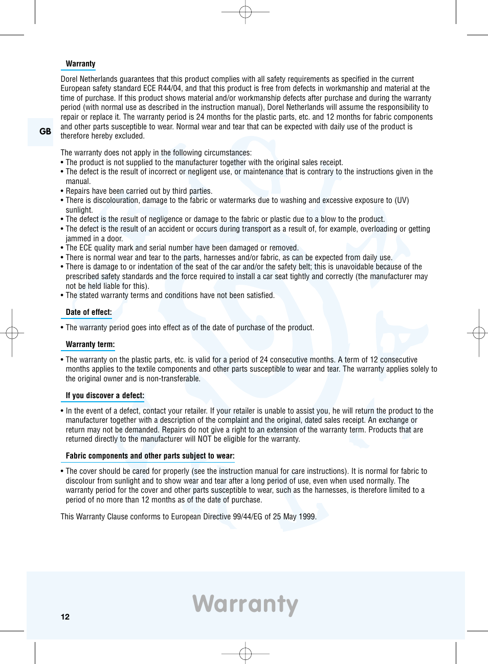 Warranty | Maxi-Cosi Priori XP User Manual | Page 12 / 48