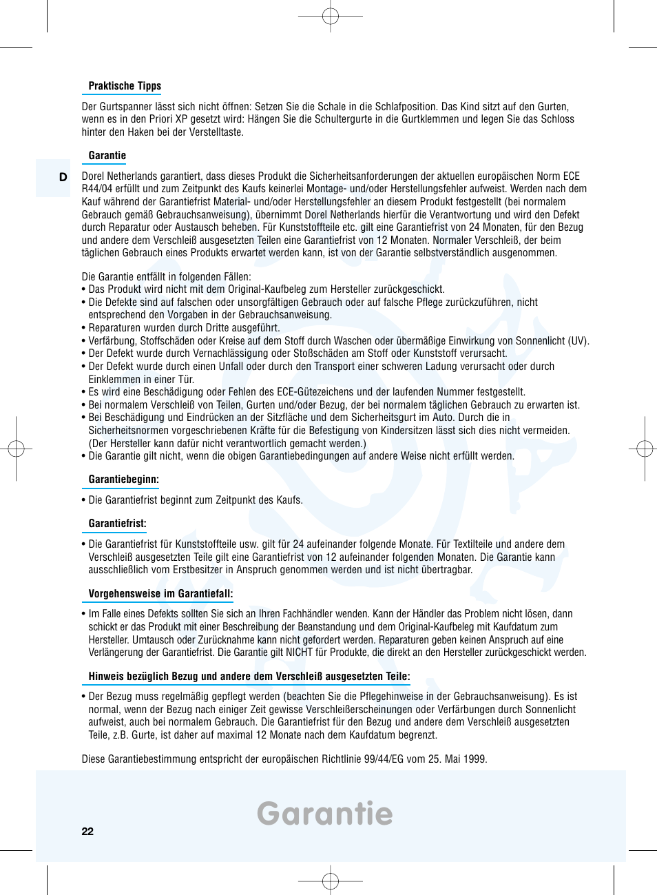 Garantie | Maxi-Cosi Priori XP User Manual | Page 22 / 48