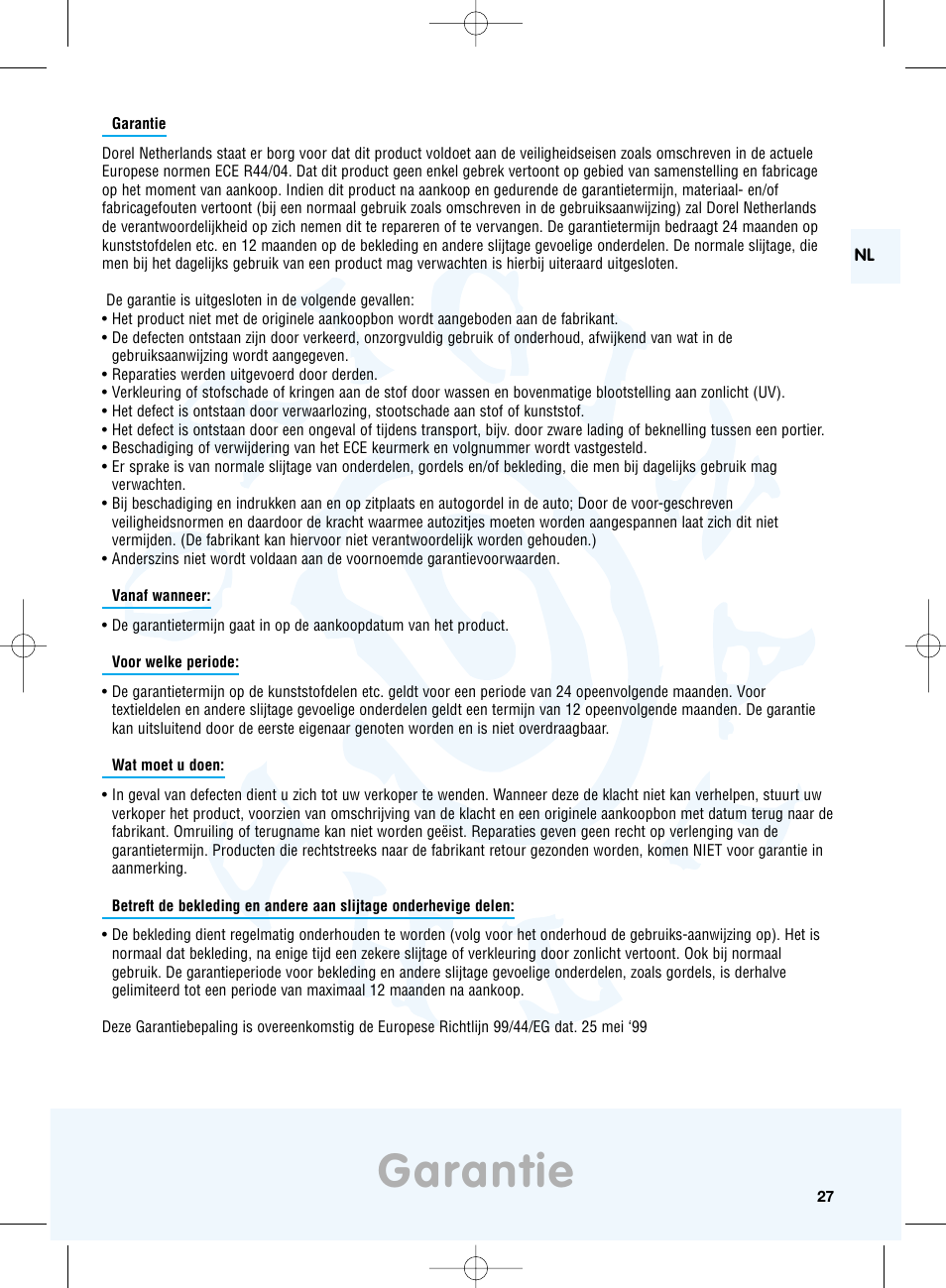 Garantie | Maxi-Cosi Priori XP User Manual | Page 27 / 48