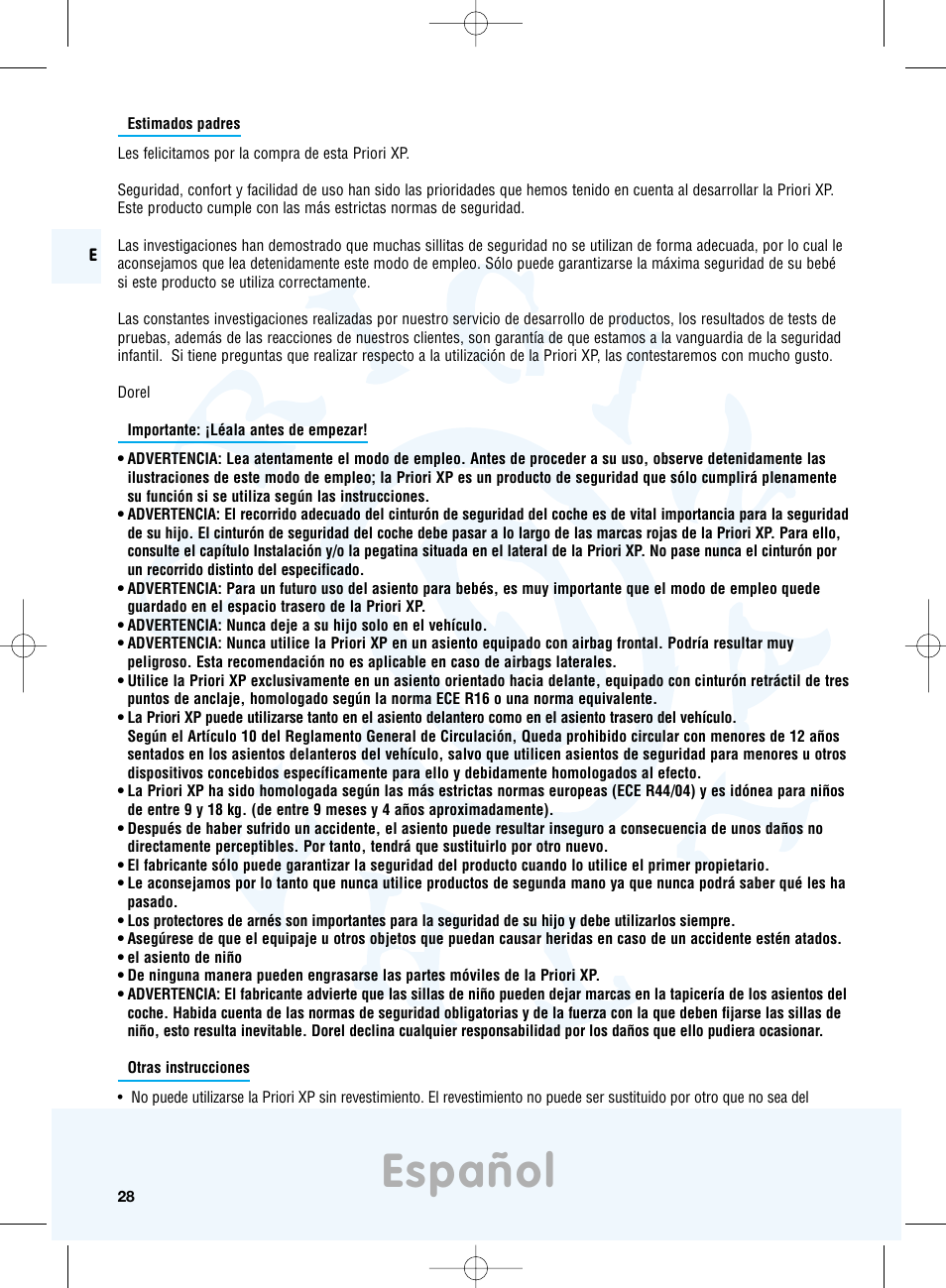 Español | Maxi-Cosi Priori XP User Manual | Page 28 / 48