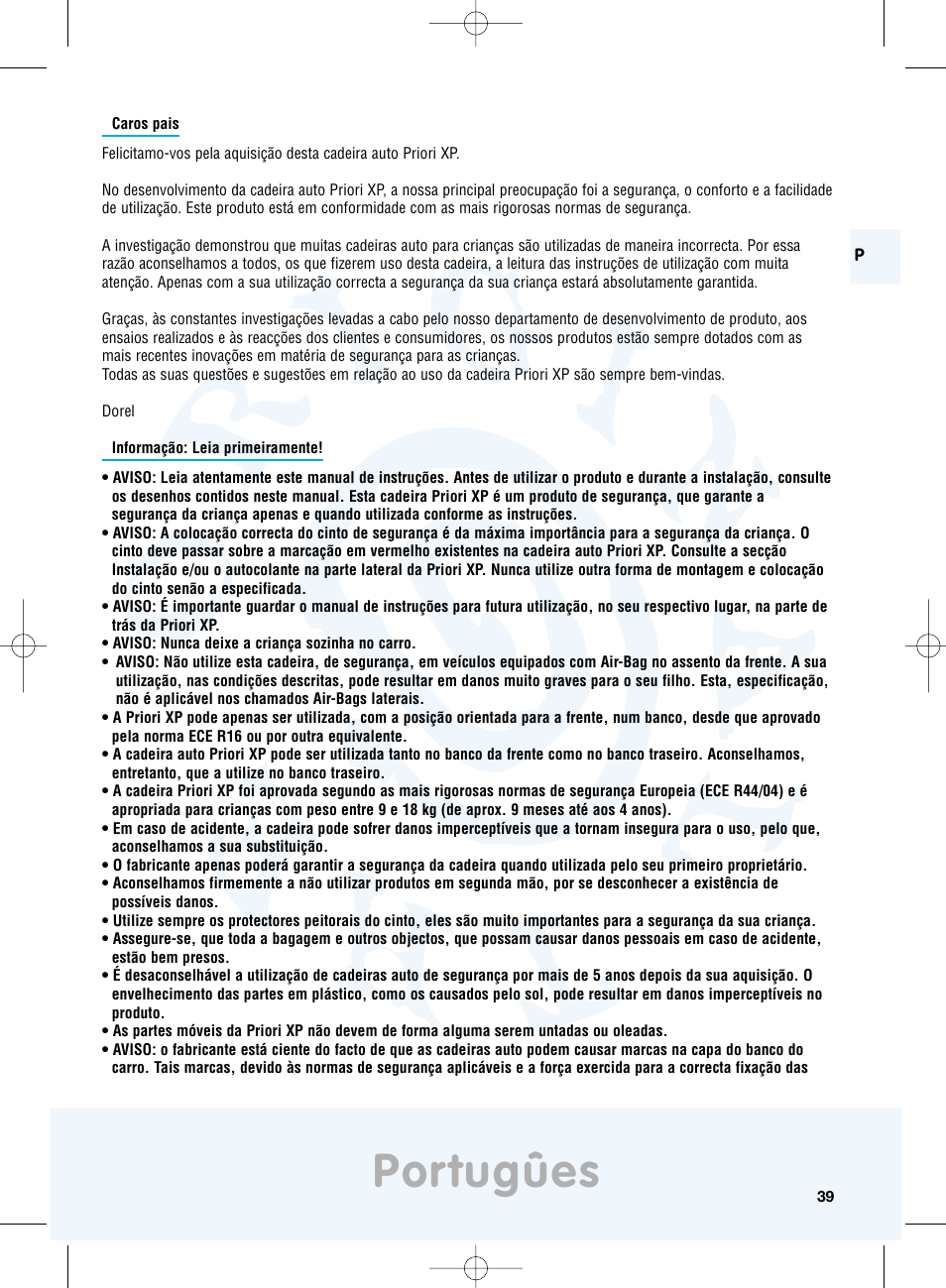 Portugûes | Maxi-Cosi Priori XP User Manual | Page 39 / 48
