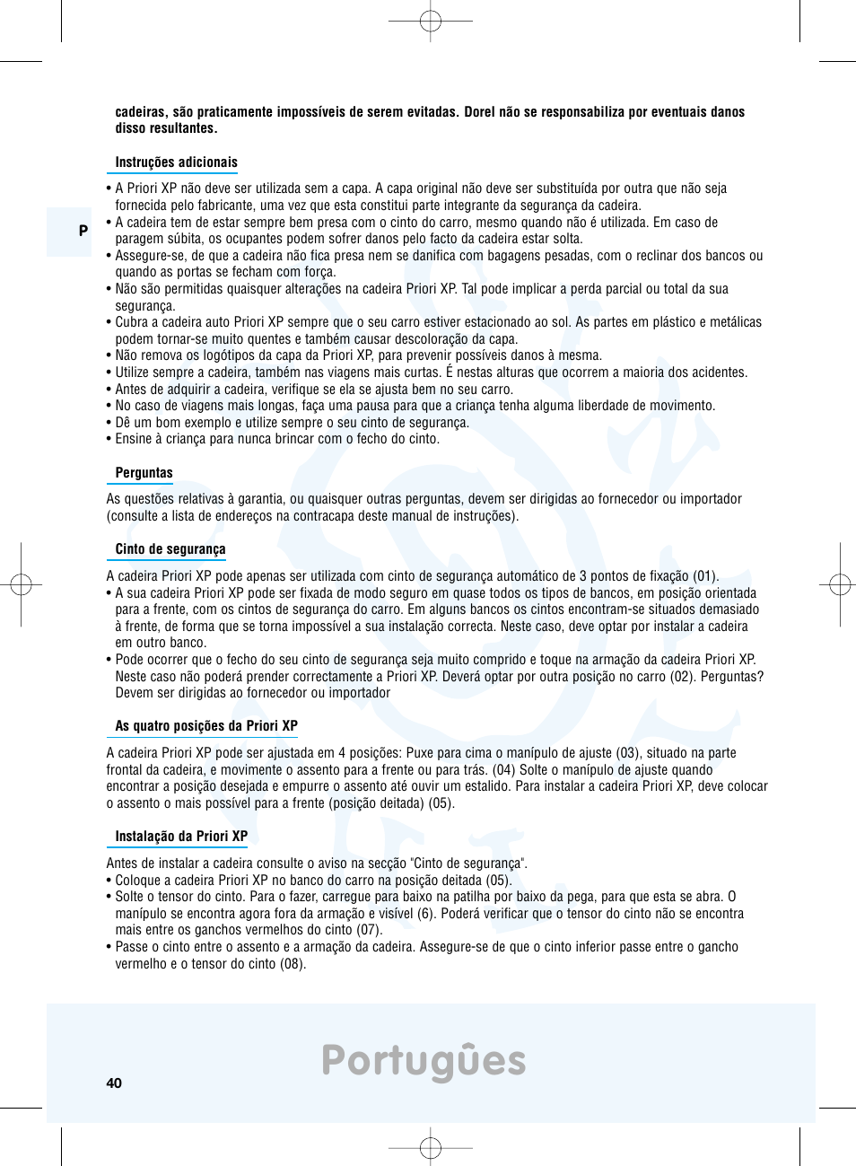Portugûes | Maxi-Cosi Priori XP User Manual | Page 40 / 48