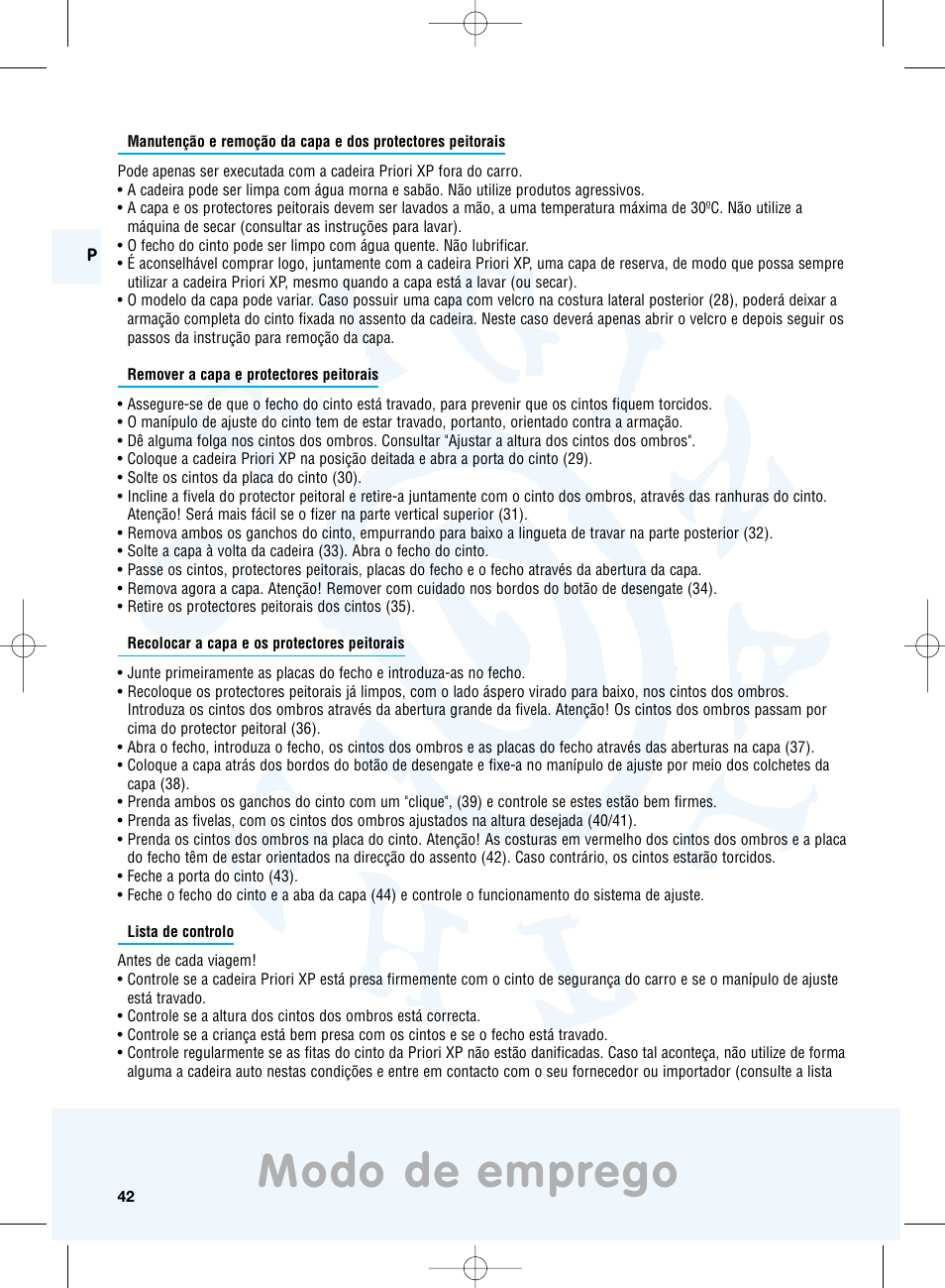 Modo de emprego | Maxi-Cosi Priori XP User Manual | Page 42 / 48