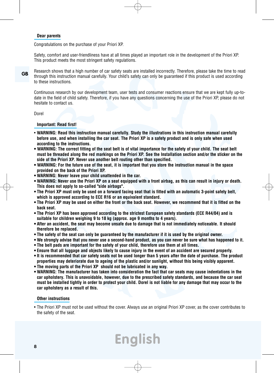 English | Maxi-Cosi Priori XP User Manual | Page 8 / 48