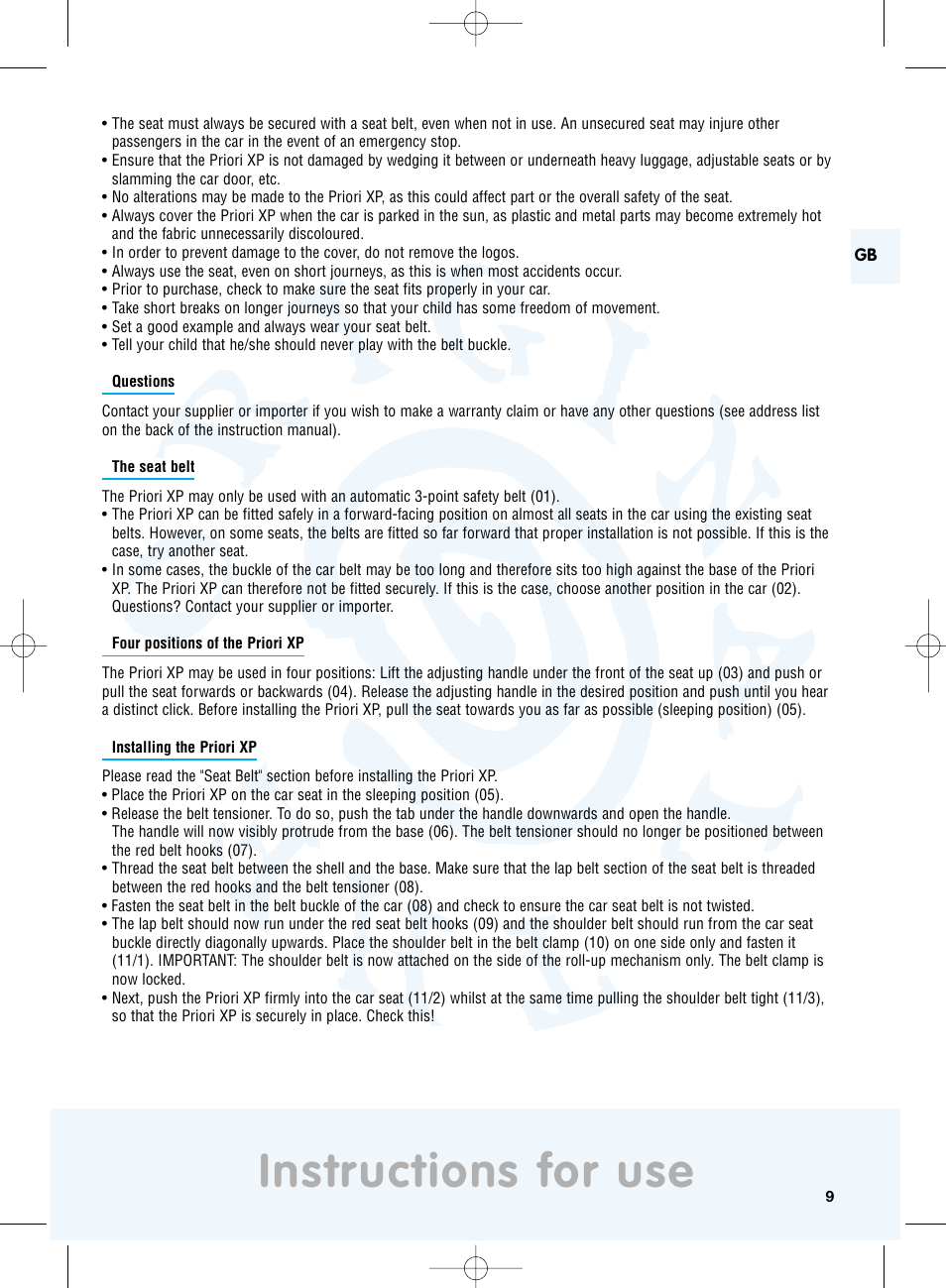 Instructions for use | Maxi-Cosi Priori XP User Manual | Page 9 / 48