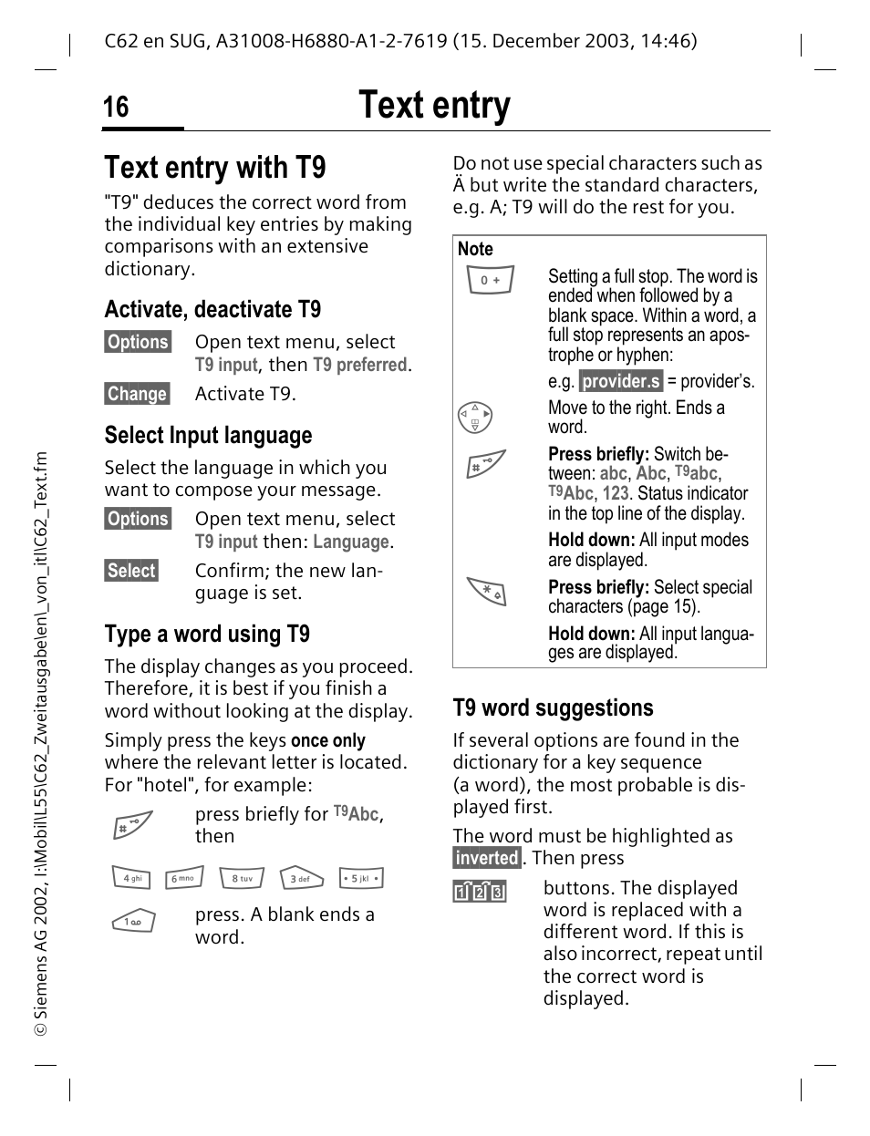 Text entry, Text entry with t9, Activate, deactivate t9 | Select input language, Type a word using t9, T9 word suggestions | Siemens C62 User Manual | Page 17 / 67