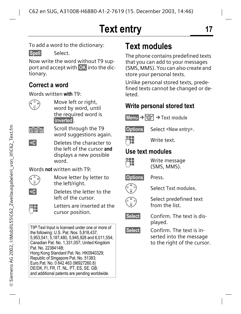 Text entry, Text modules, Correct a word | Write personal stored text, Use text modules | Siemens C62 User Manual | Page 18 / 67