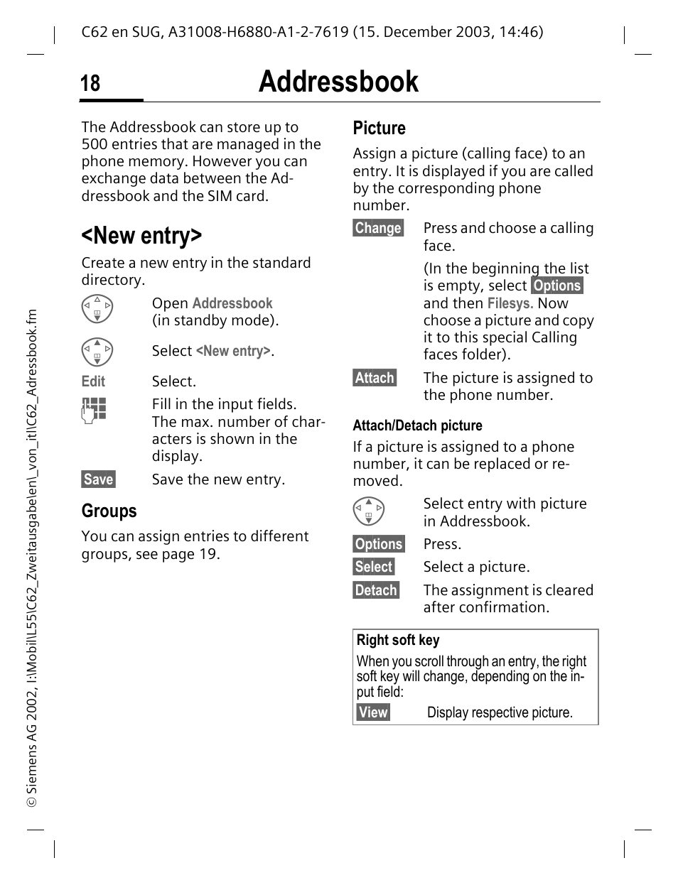 Addressbook, New entry, Groups | Picture | Siemens C62 User Manual | Page 19 / 67