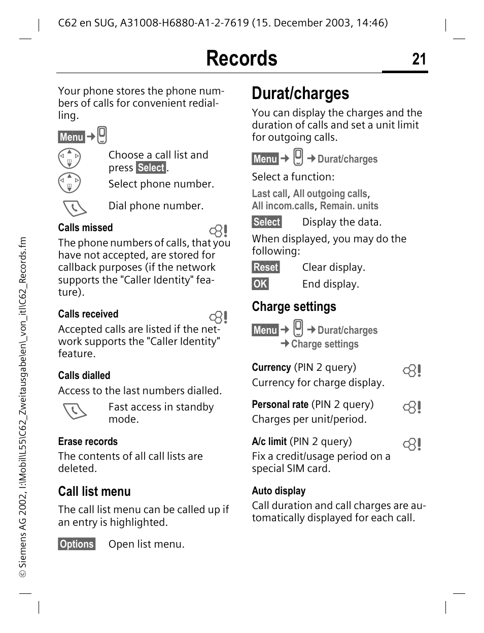 Records, Durat/charges | Siemens C62 User Manual | Page 22 / 67