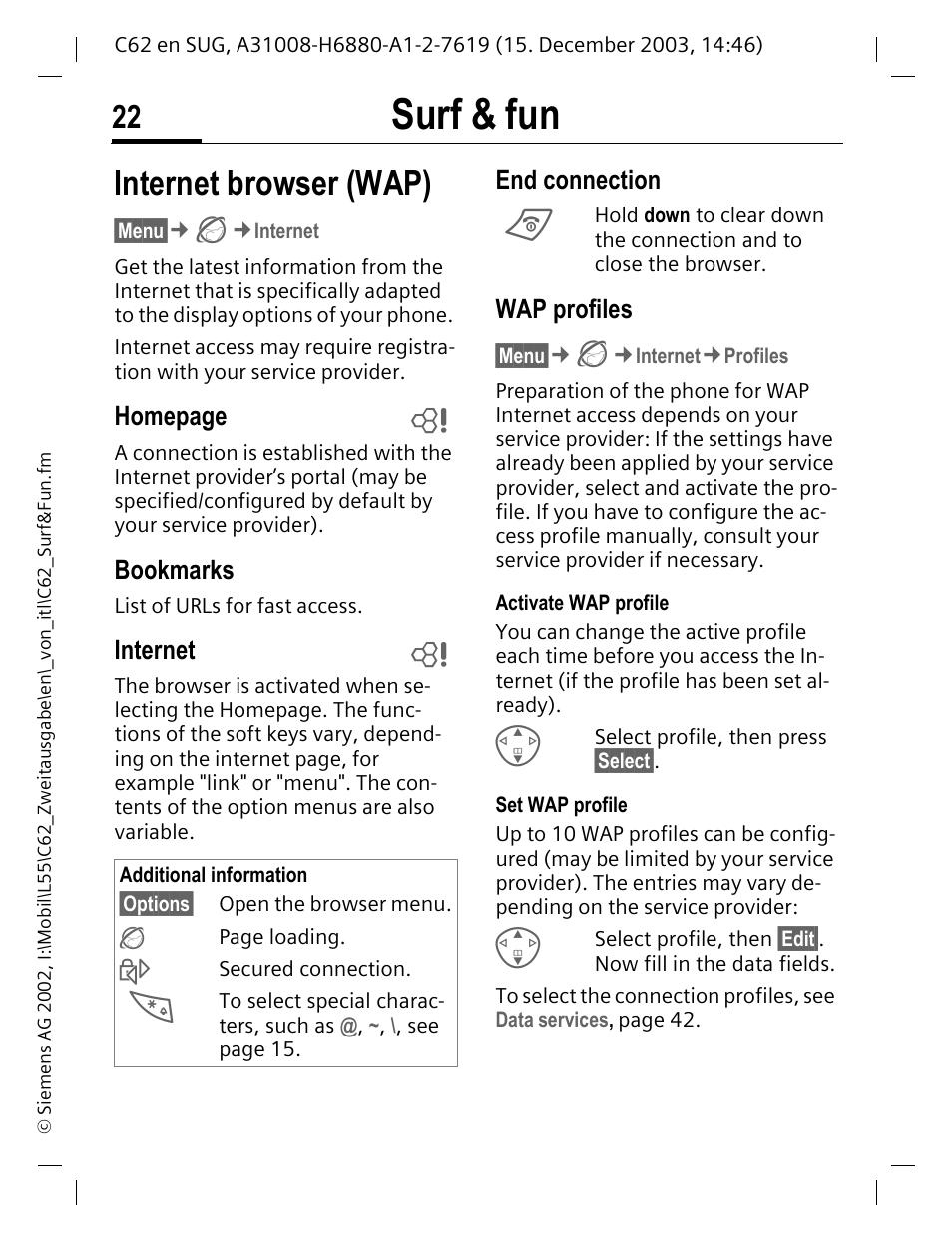 Surf & fun, Internet browser (wap), Homepage | Bookmarks, Internet, End connection, Wap profiles | Siemens C62 User Manual | Page 23 / 67