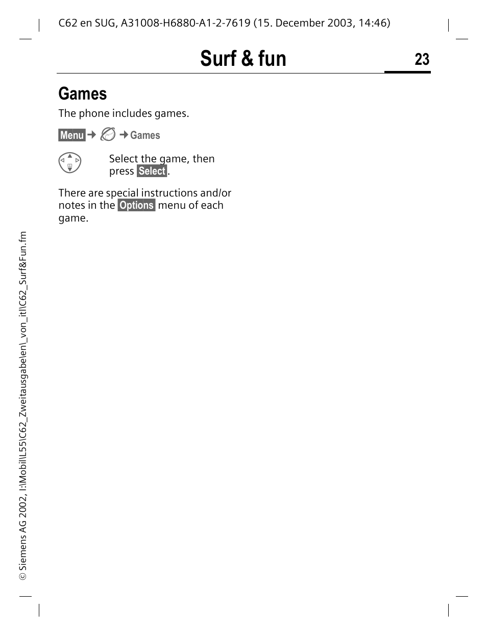 Games, Surf & fun | Siemens C62 User Manual | Page 24 / 67