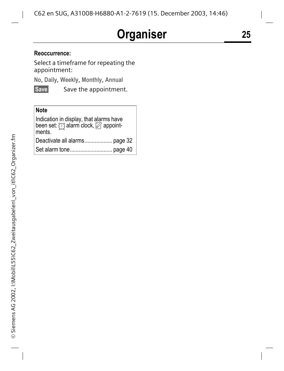 Organiser | Siemens C62 User Manual | Page 26 / 67