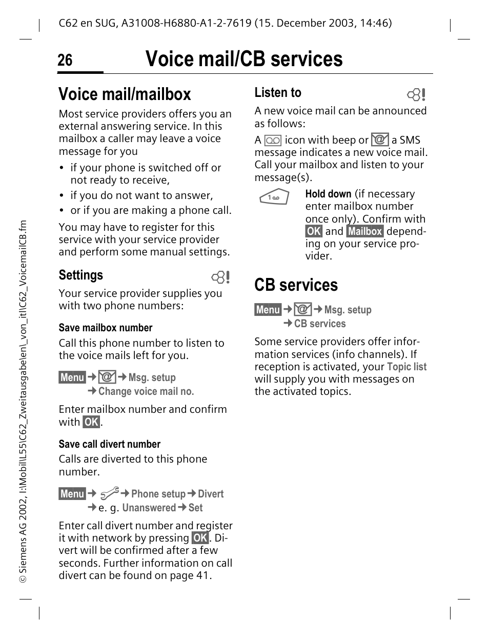 Voice mail/ cb services, Voice mail/cb services, Voice mail/mailbox | Cb services, Settings, Listen to | Siemens C62 User Manual | Page 27 / 67