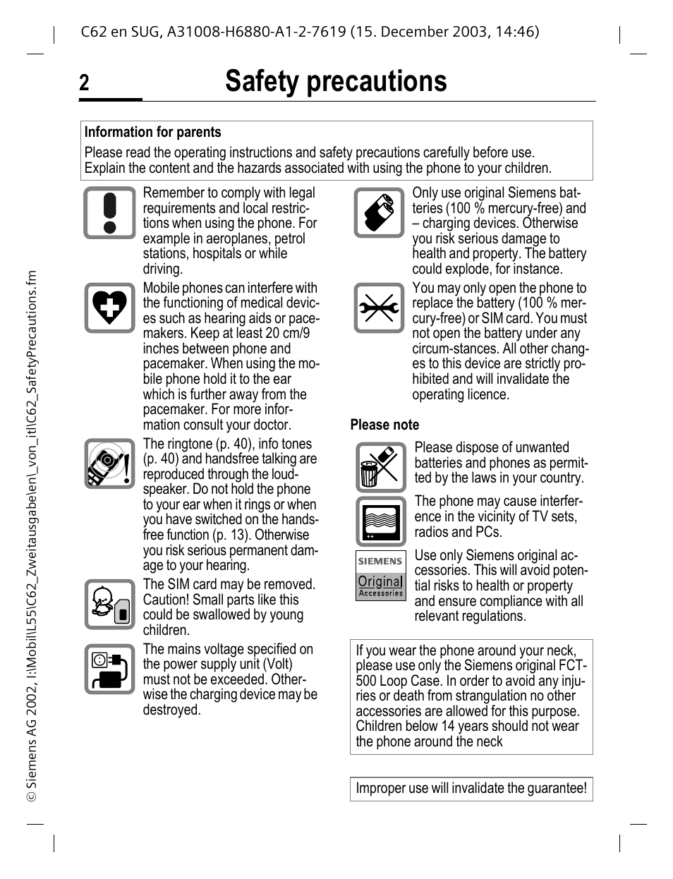 Safety precautions | Siemens C62 User Manual | Page 3 / 67