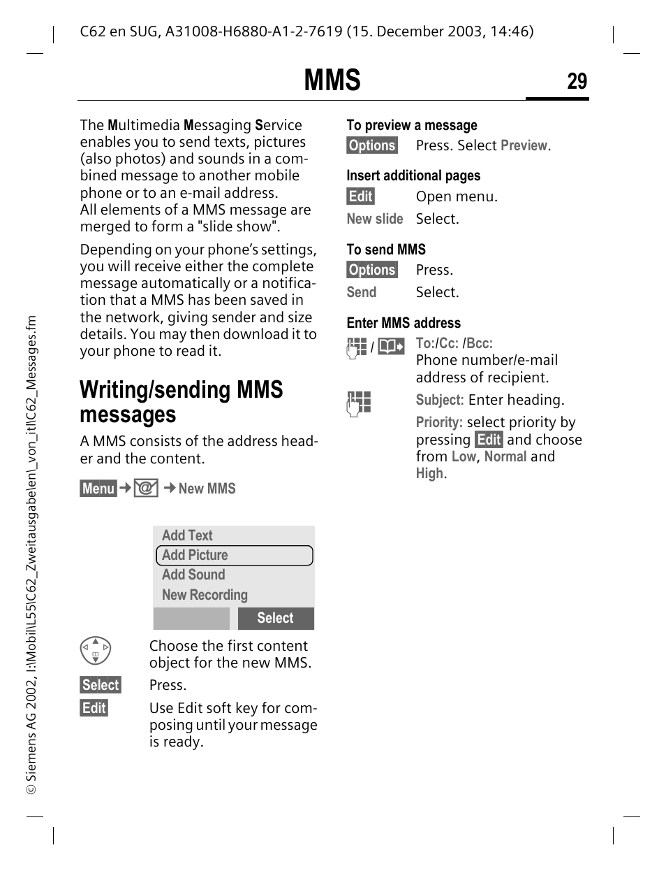 Writing/sending mms messages | Siemens C62 User Manual | Page 30 / 67