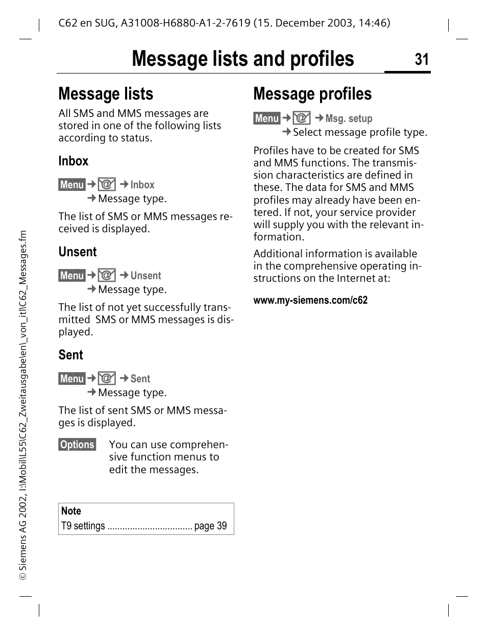 Message lists and profiles, Message lists, Message profiles | Inbox, Unsent, Sent | Siemens C62 User Manual | Page 32 / 67