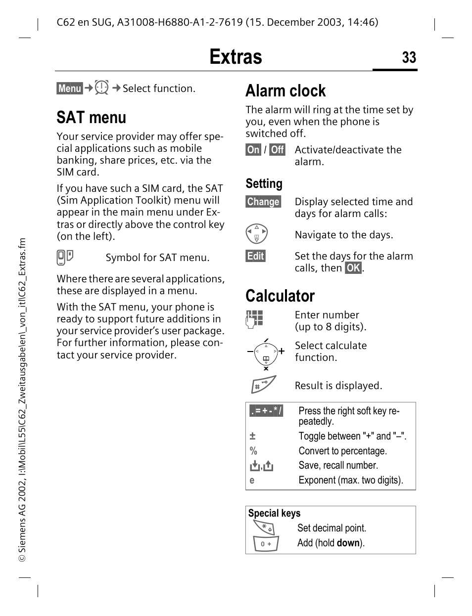 Extras, Sat menu, Calculator | Sat menu alarm clock calculator, Alarm clock, Setting | Siemens C62 User Manual | Page 34 / 67