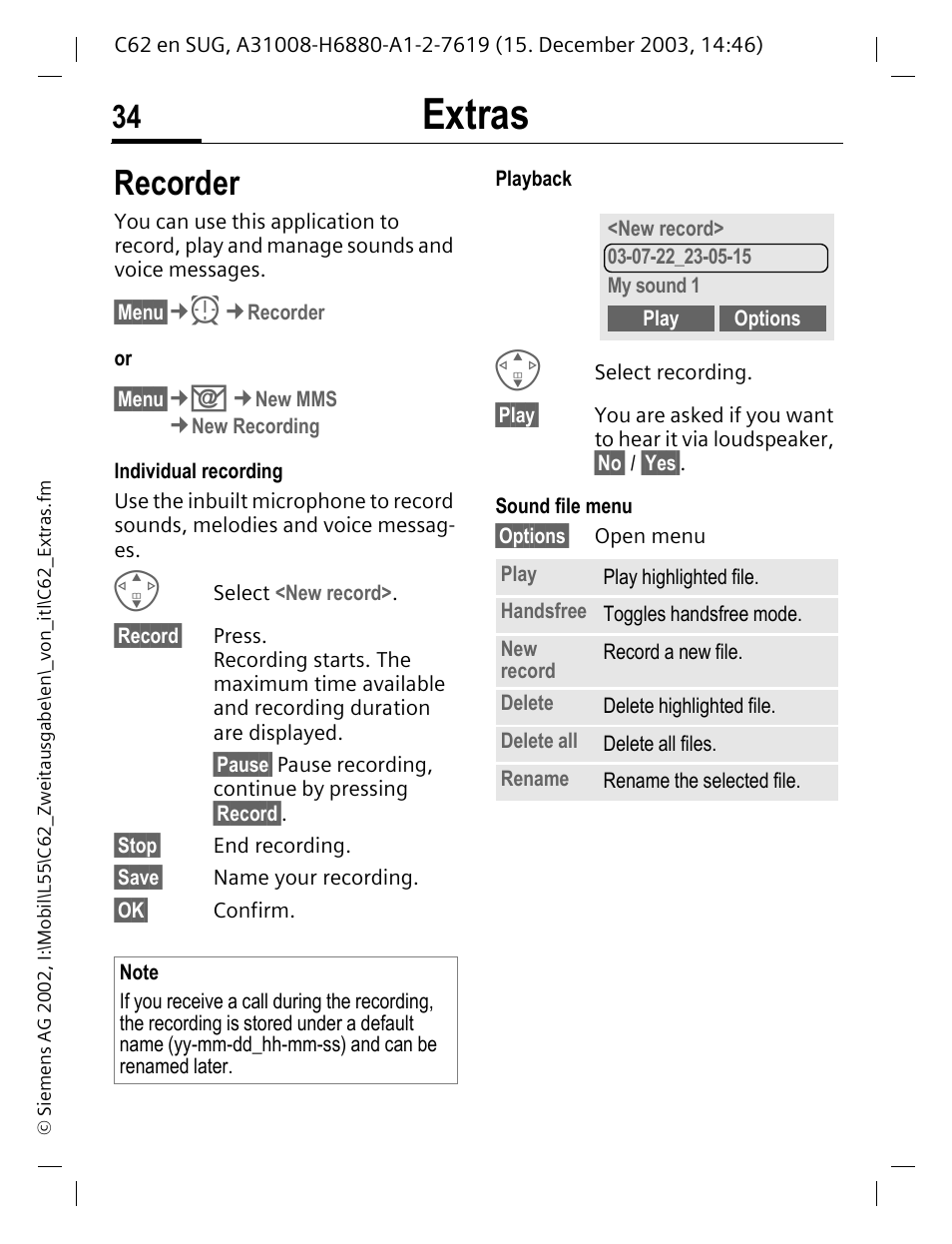 Recorder, Extras | Siemens C62 User Manual | Page 35 / 67