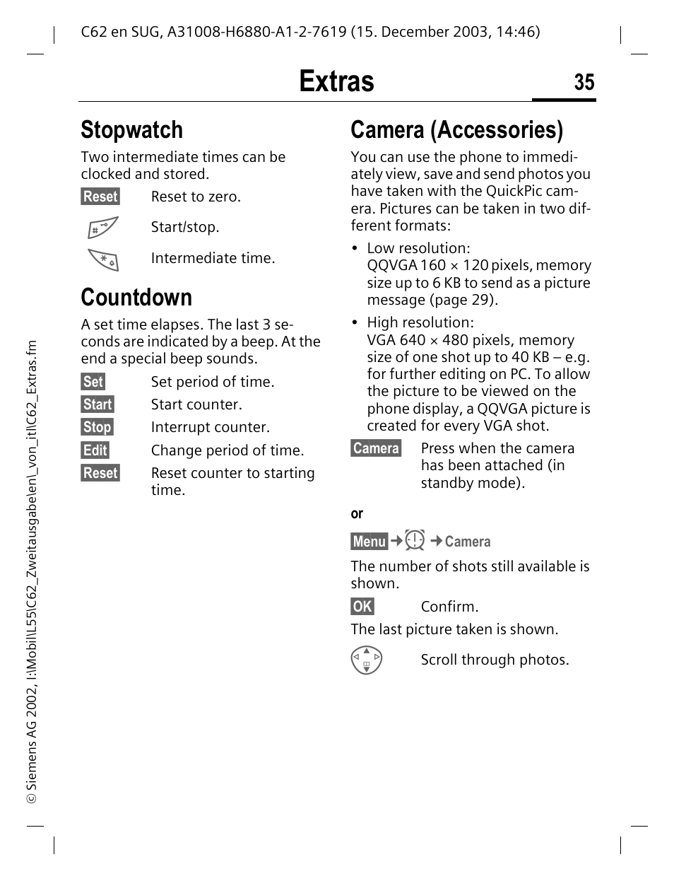 Countdown, Stopwatch countdown camera (accessories), Extras | Stopwatch, Camera (accessories) | Siemens C62 User Manual | Page 36 / 67