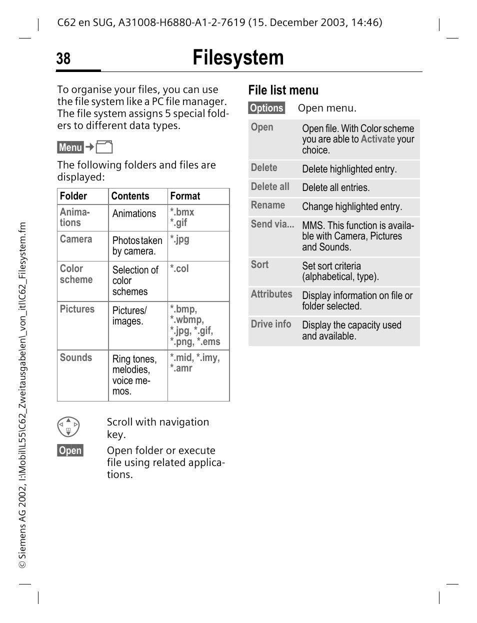 Filesystem, File list menu | Siemens C62 User Manual | Page 39 / 67