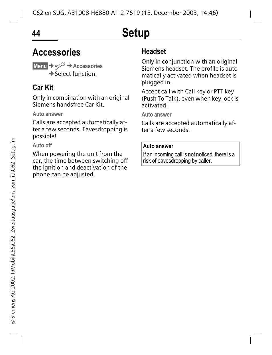 Setup, Accessories, Car kit | Headset | Siemens C62 User Manual | Page 45 / 67