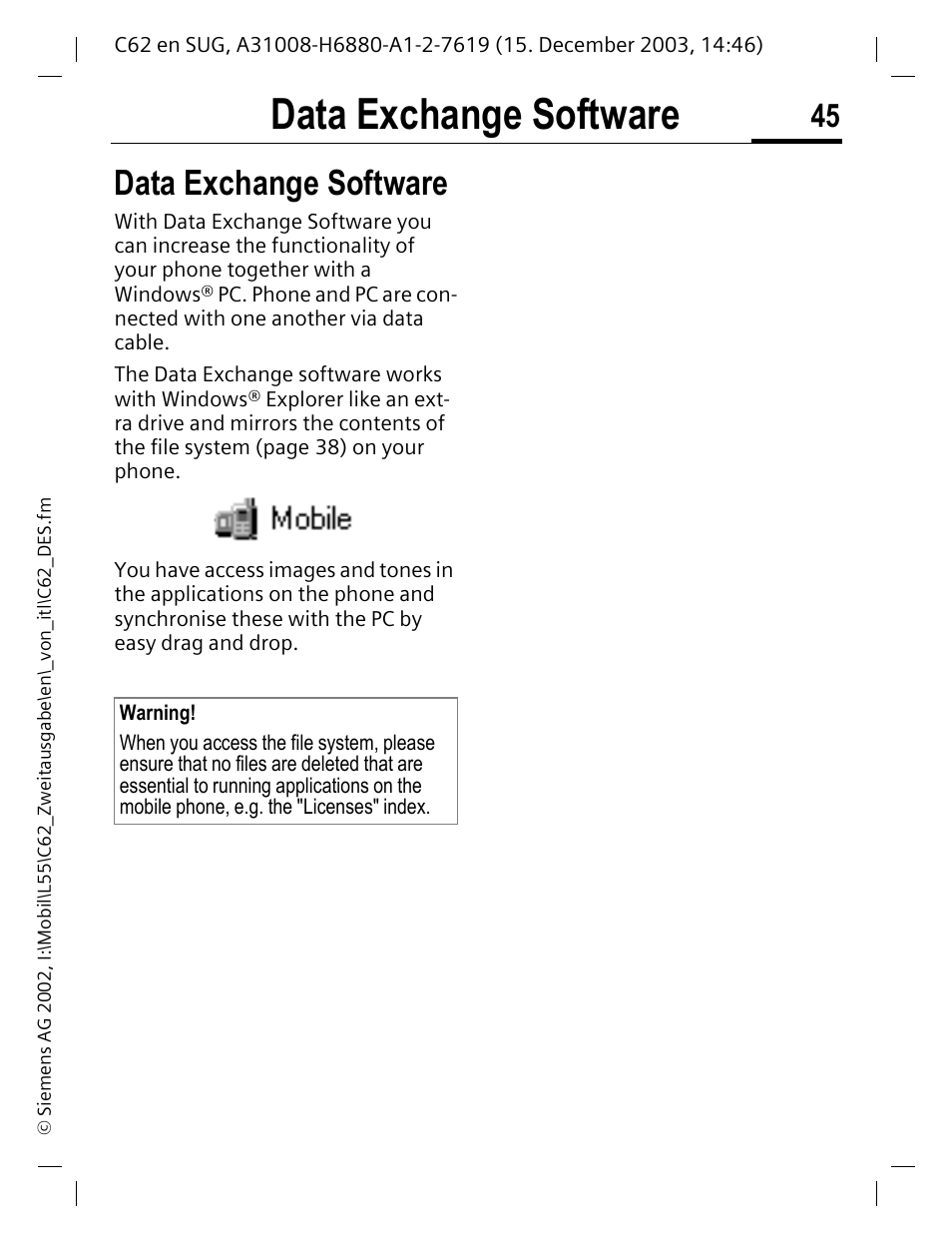 Data exchange software | Siemens C62 User Manual | Page 46 / 67