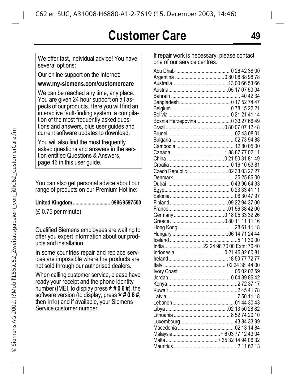 Customer care | Siemens C62 User Manual | Page 50 / 67