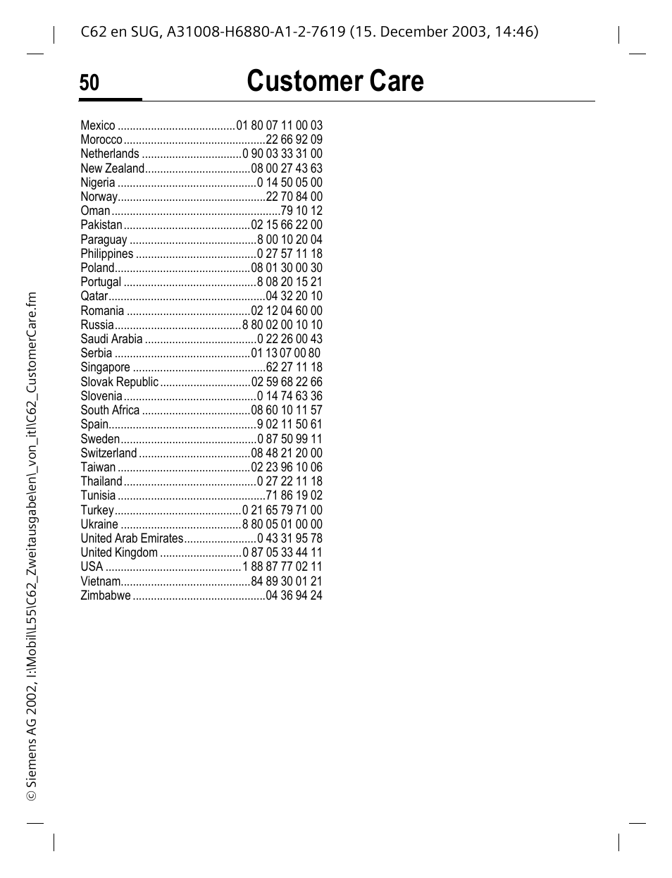 Customer care | Siemens C62 User Manual | Page 51 / 67