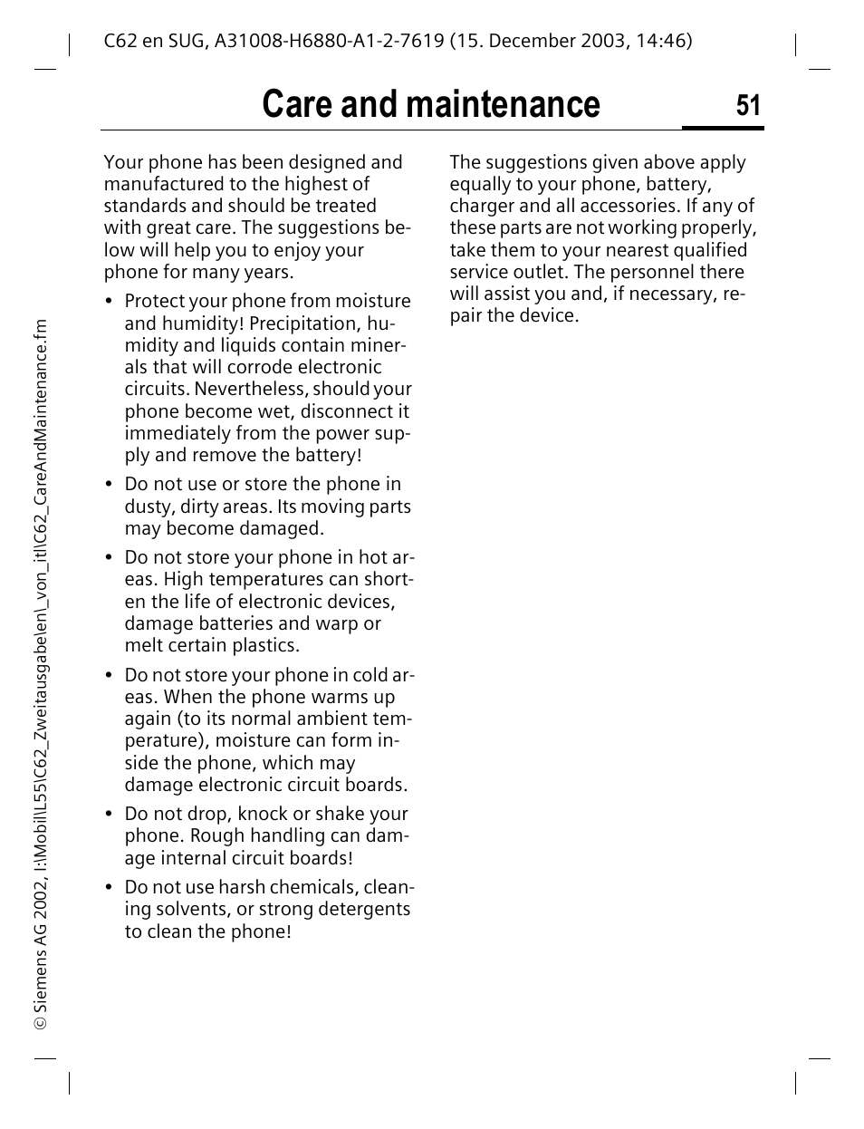 Care and maintenance | Siemens C62 User Manual | Page 52 / 67