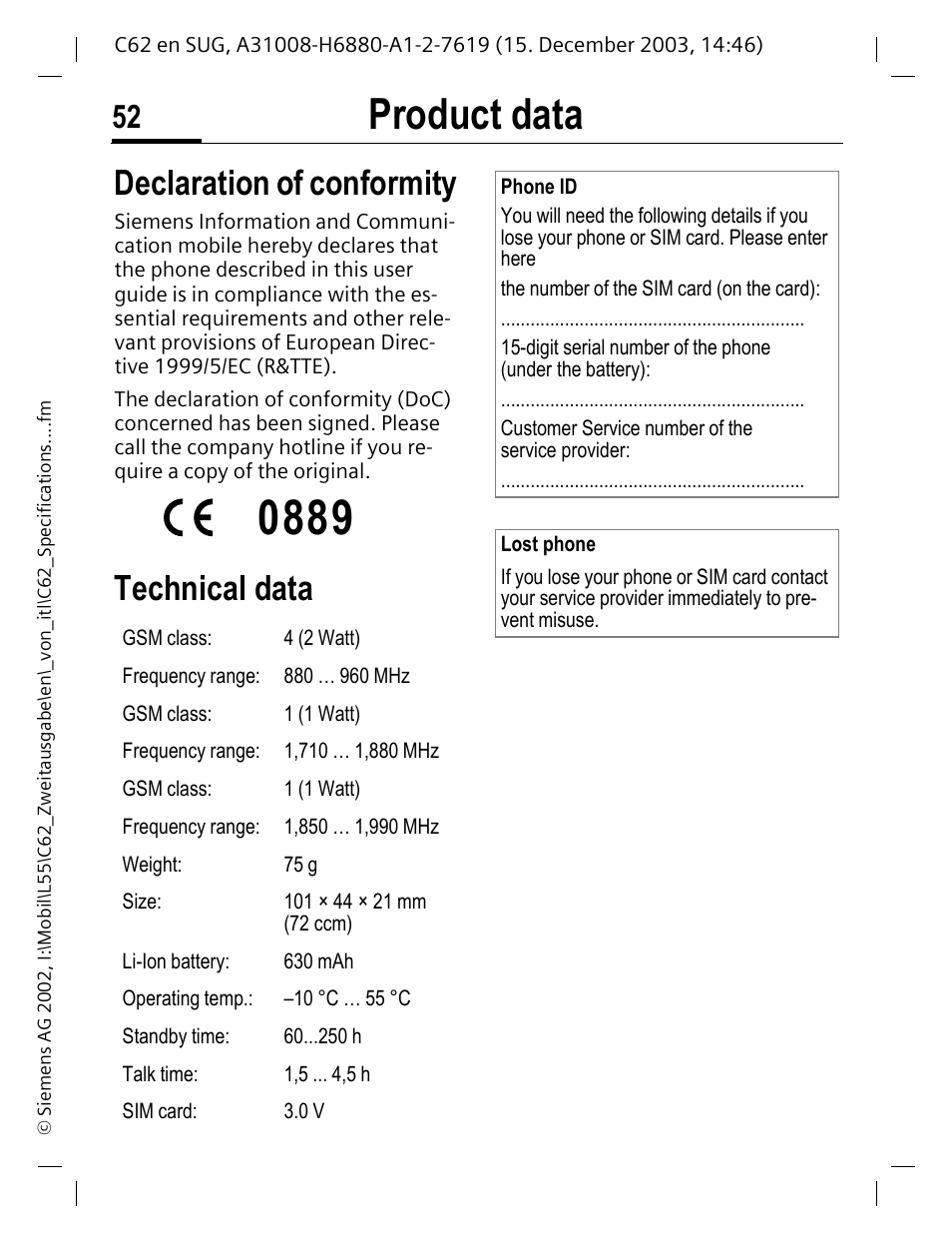 Product data, Declaration of conformity, Technical data | Siemens C62 User Manual | Page 53 / 67