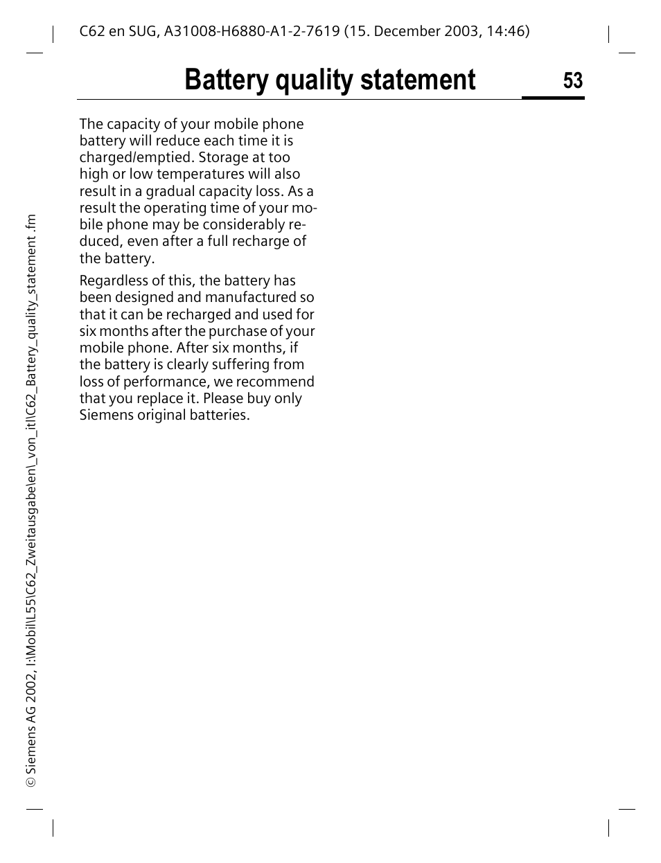 Battery quality statement | Siemens C62 User Manual | Page 54 / 67