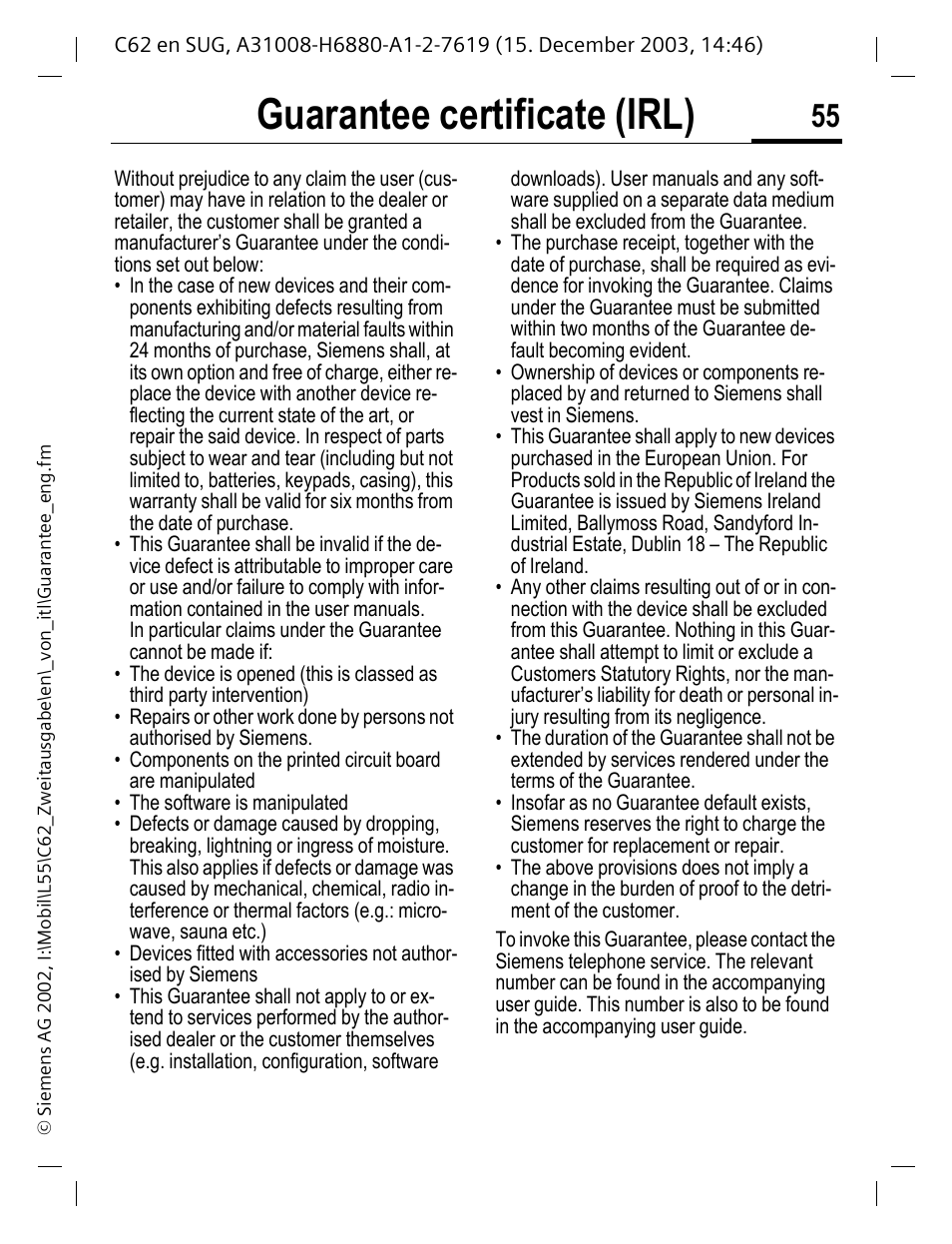 Guarantee certificate (irl) | Siemens C62 User Manual | Page 56 / 67