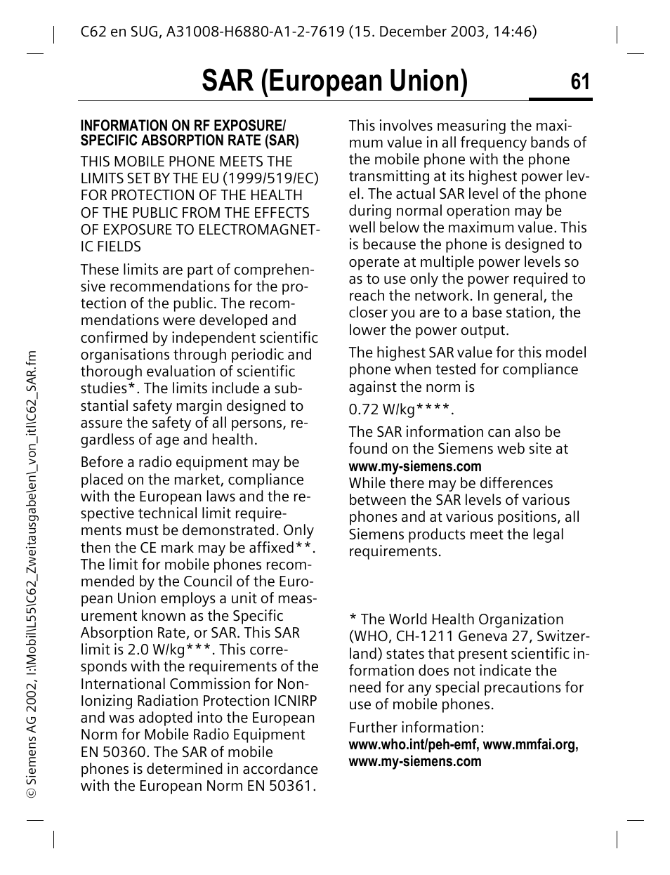 Sar (european union) | Siemens C62 User Manual | Page 62 / 67