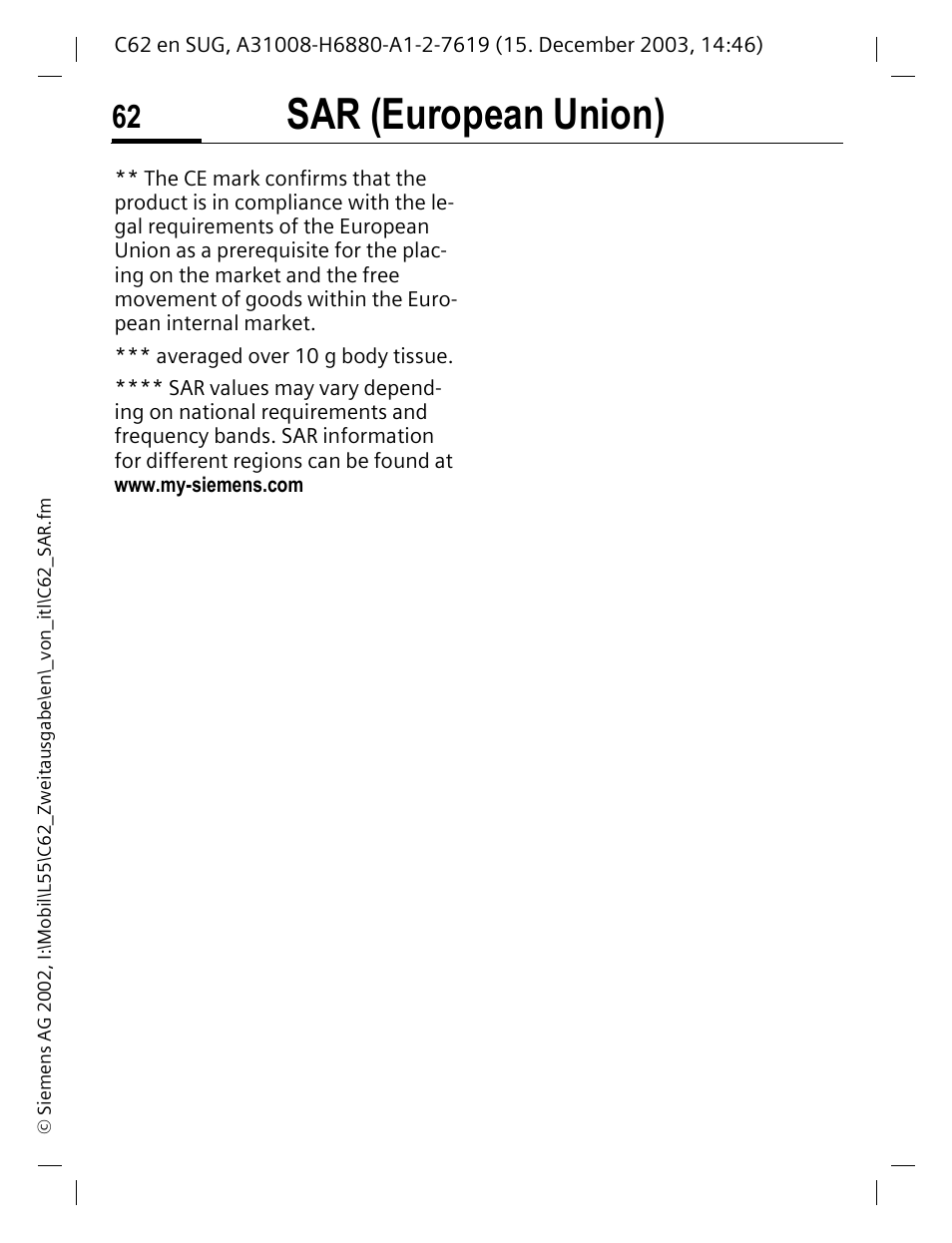 Sar (european union) | Siemens C62 User Manual | Page 63 / 67