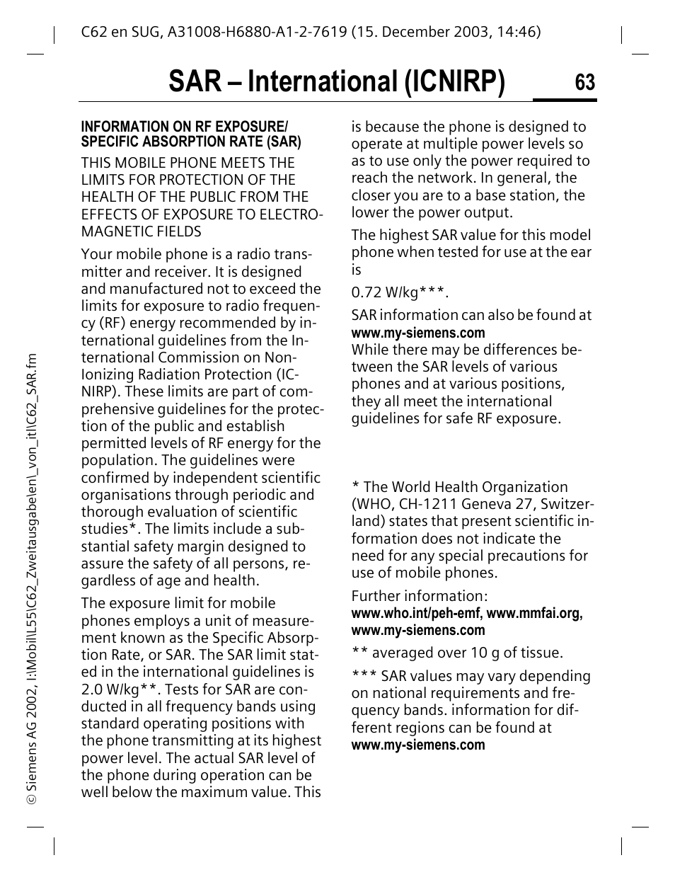 Sar – international (icnirp) | Siemens C62 User Manual | Page 64 / 67