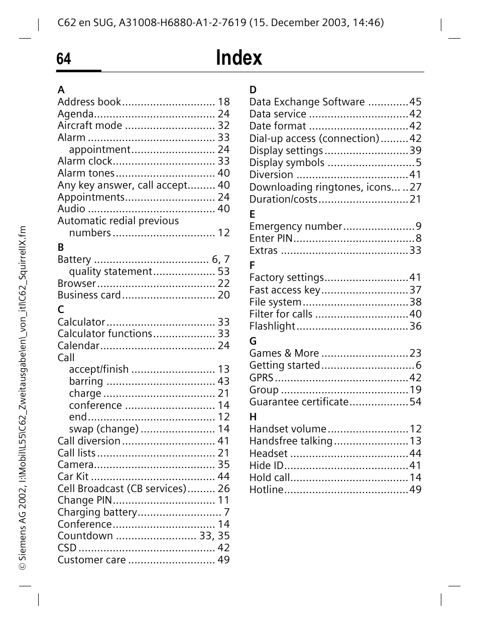 Index | Siemens C62 User Manual | Page 65 / 67