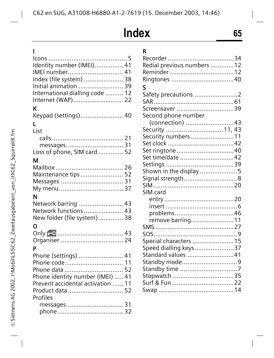 Index | Siemens C62 User Manual | Page 66 / 67