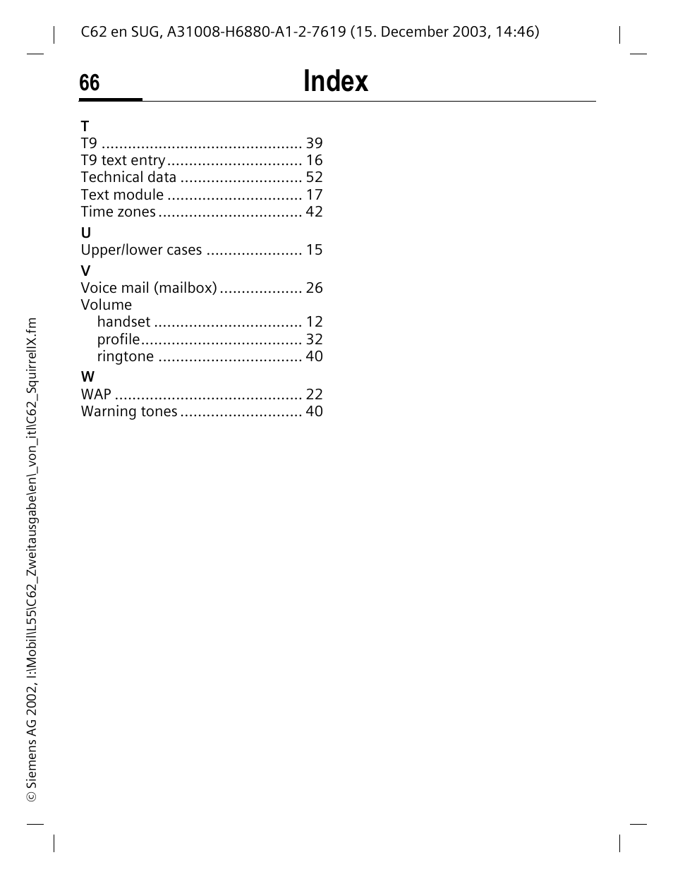 Index | Siemens C62 User Manual | Page 67 / 67