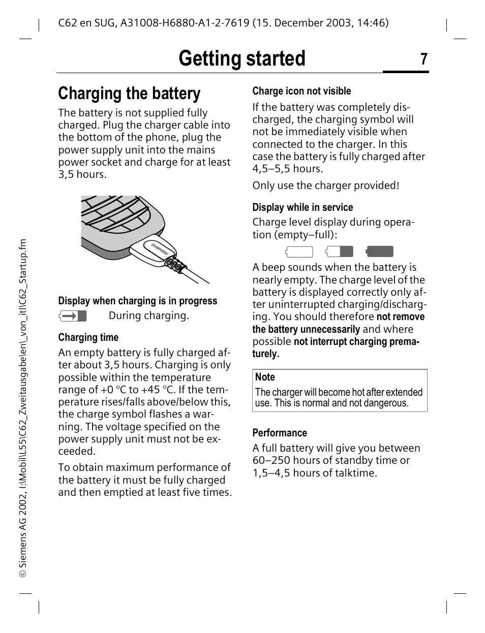 Charging the battery, Getting started | Siemens C62 User Manual | Page 8 / 67