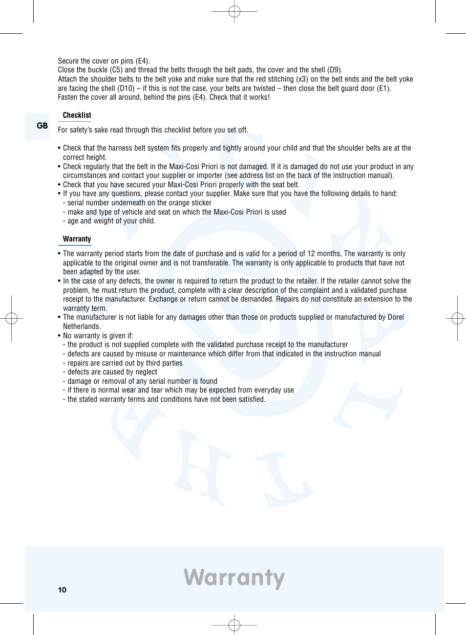 Warranty | Maxi-Cosi Priori Side Protection System User Manual | Page 10 / 40