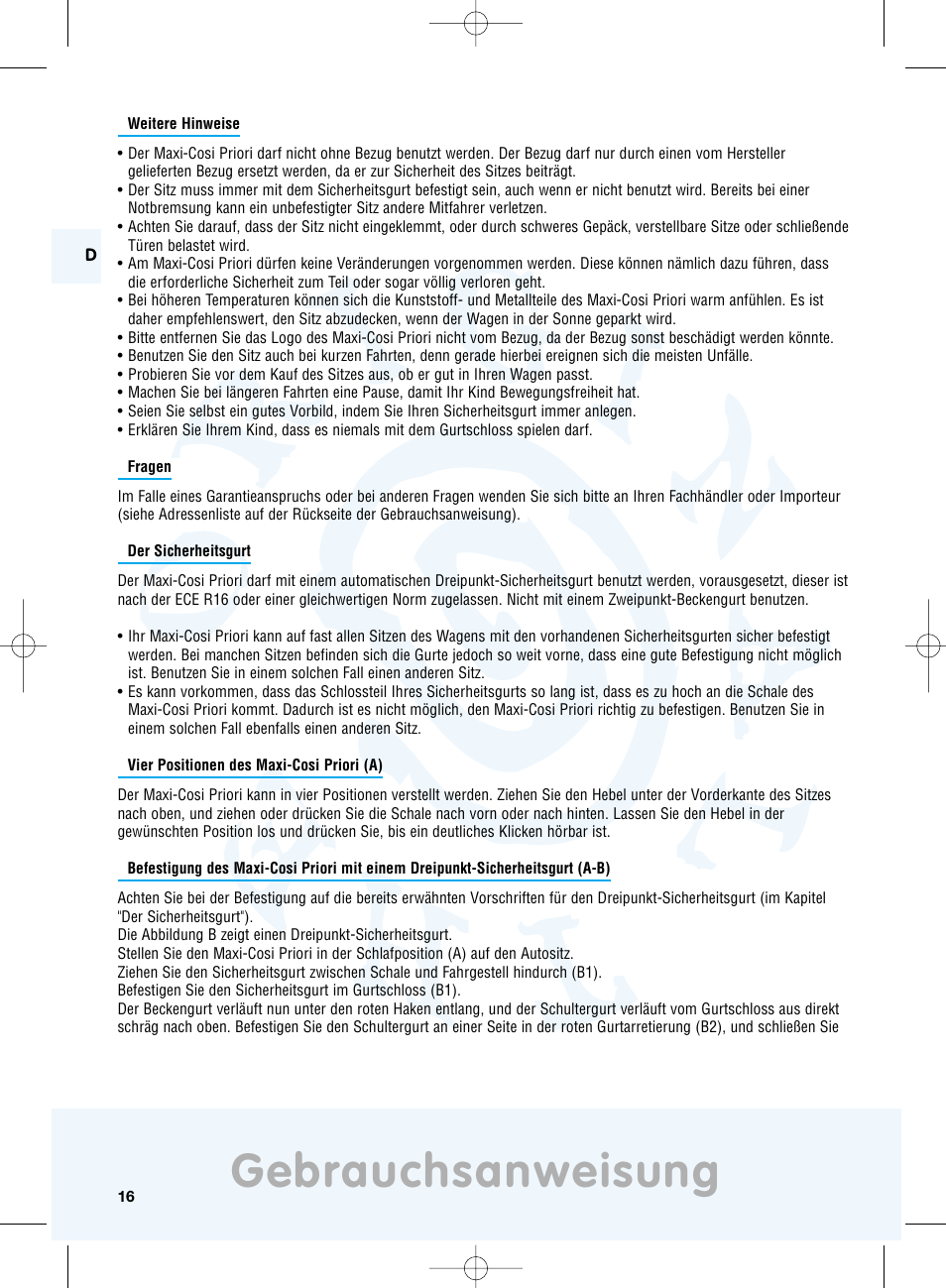 Gebrauchsanweisung | Maxi-Cosi Priori Side Protection System User Manual | Page 16 / 40
